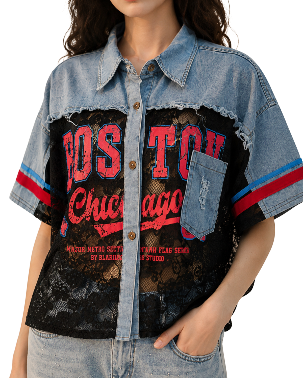 Lace Denim Crop Shirt