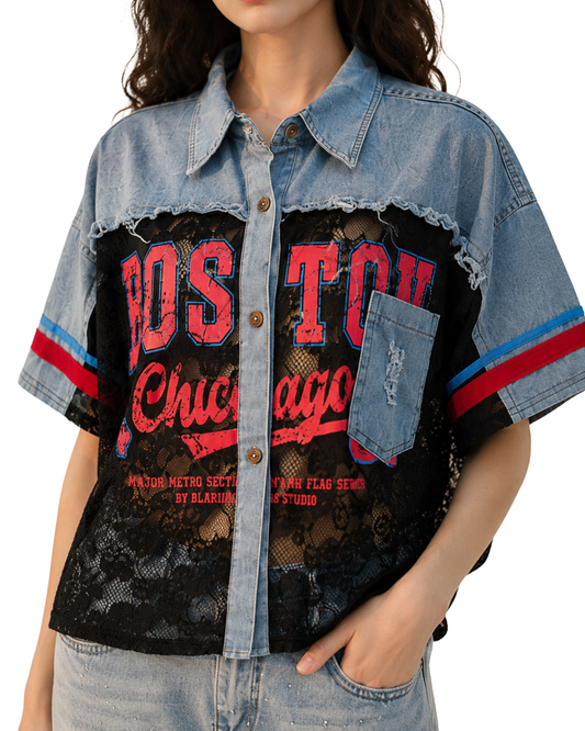 Lace Denim Crop Shirt