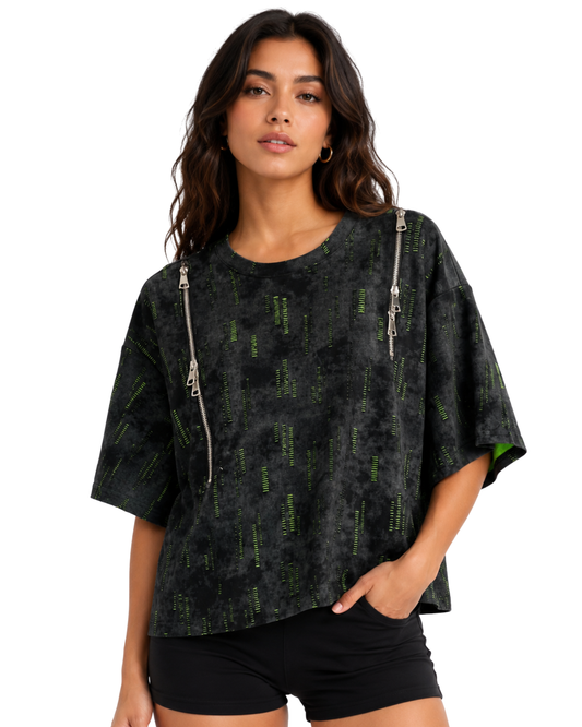 Party Wear Tops For Women-Midnight Matrix Zip Top-Flirty Feathers