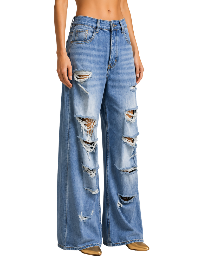 Distressed Blue Wide-Leg Jeans