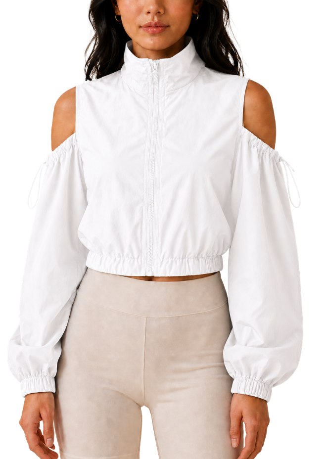 Cloud Nine White Cold-Shoulder Zip-Up Crop Jacket