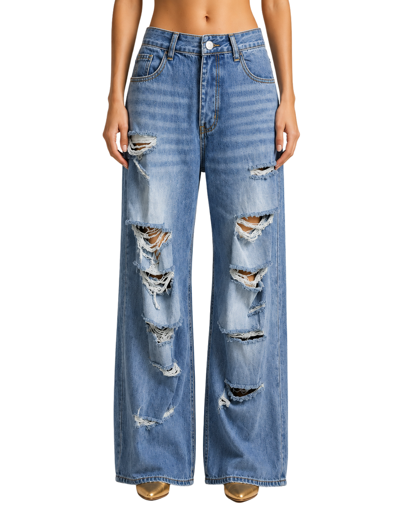 Distressed Blue Wide-Leg Jeans