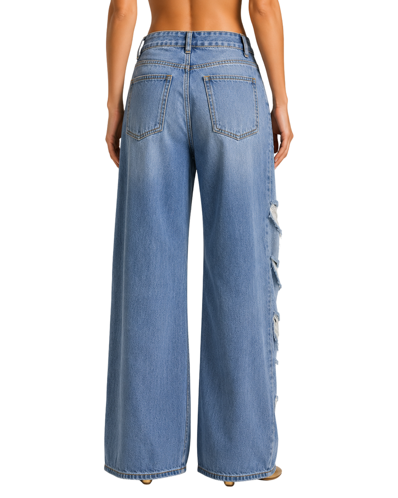 Distressed Blue Wide-Leg Jeans