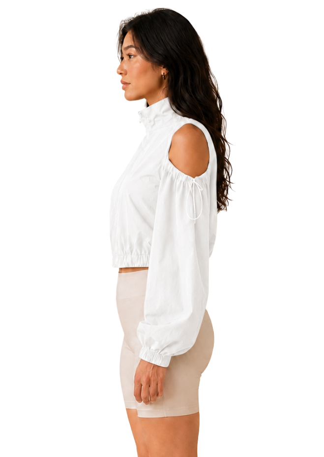 Cloud Nine White Cold-Shoulder Zip-Up Crop Jacket
