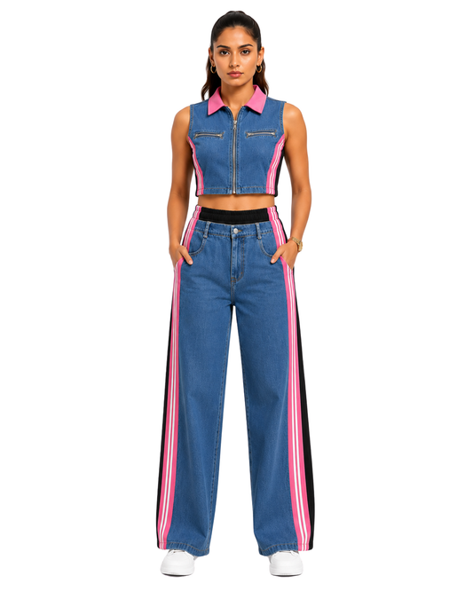 Stylish Cord Set for Women Party Wear-Pink Rush Denim Coord-Flirty Feathers