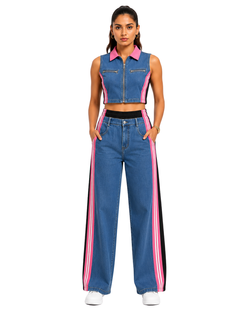 Stylish Cord Set for Women Party Wear-Pink Rush Denim Coord-Flirty Feathers