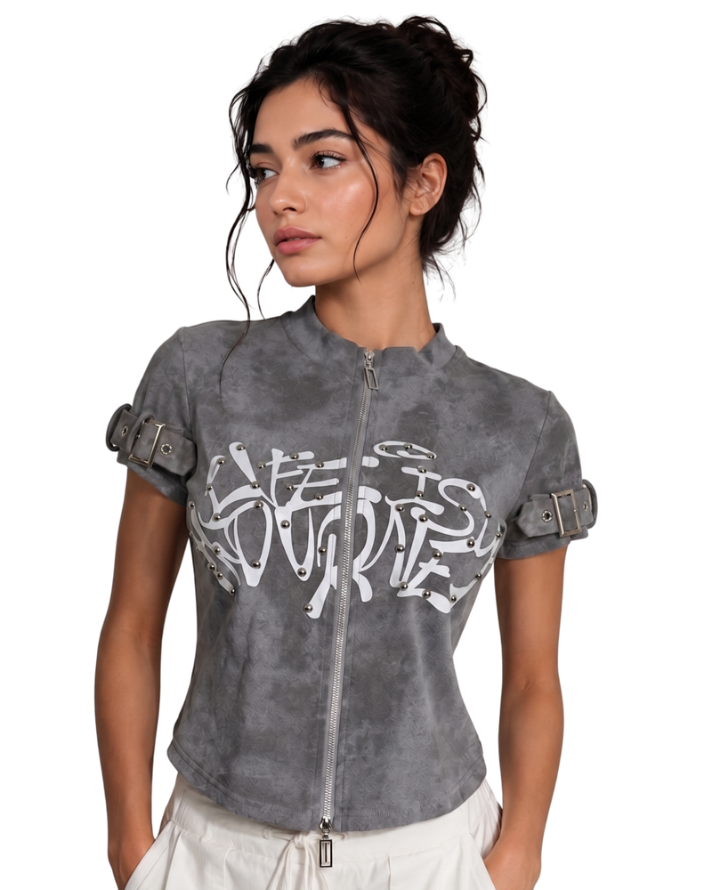 Party Wear Tops For Women-The Journey Studded Zip Crop Top-Flirty Feathers