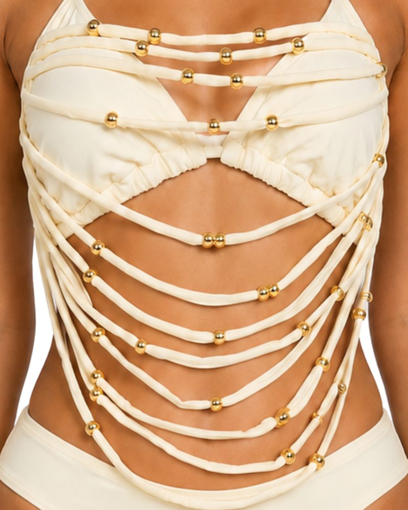 Ivory Gold Beaded Cut-Out 2-Piece Swimsuit