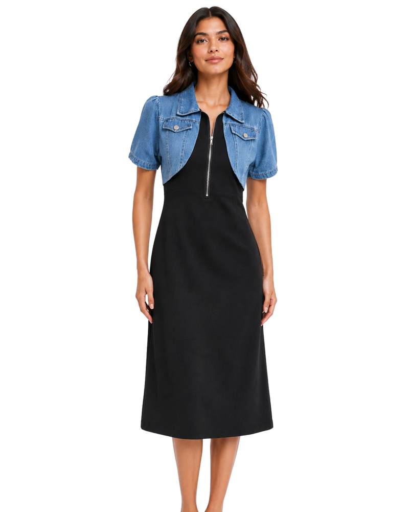 Denim Crop Jacket Layered Midi Dress