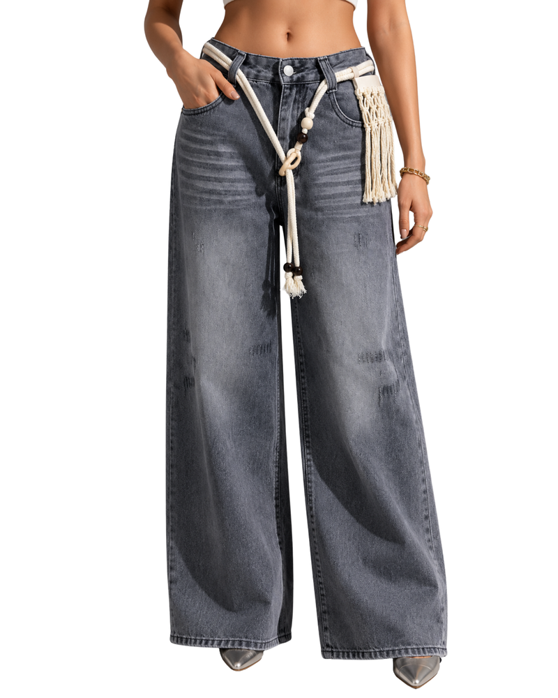 Grey Rope Belt Wide-Leg Jeans