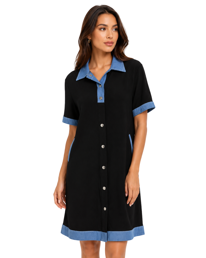 Denim Contrast Button-Down Shirt Dress