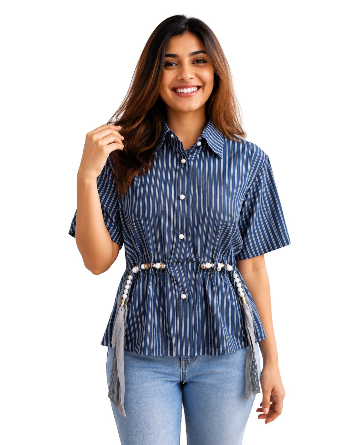 Pearl Belt Striped Peplum Shirt