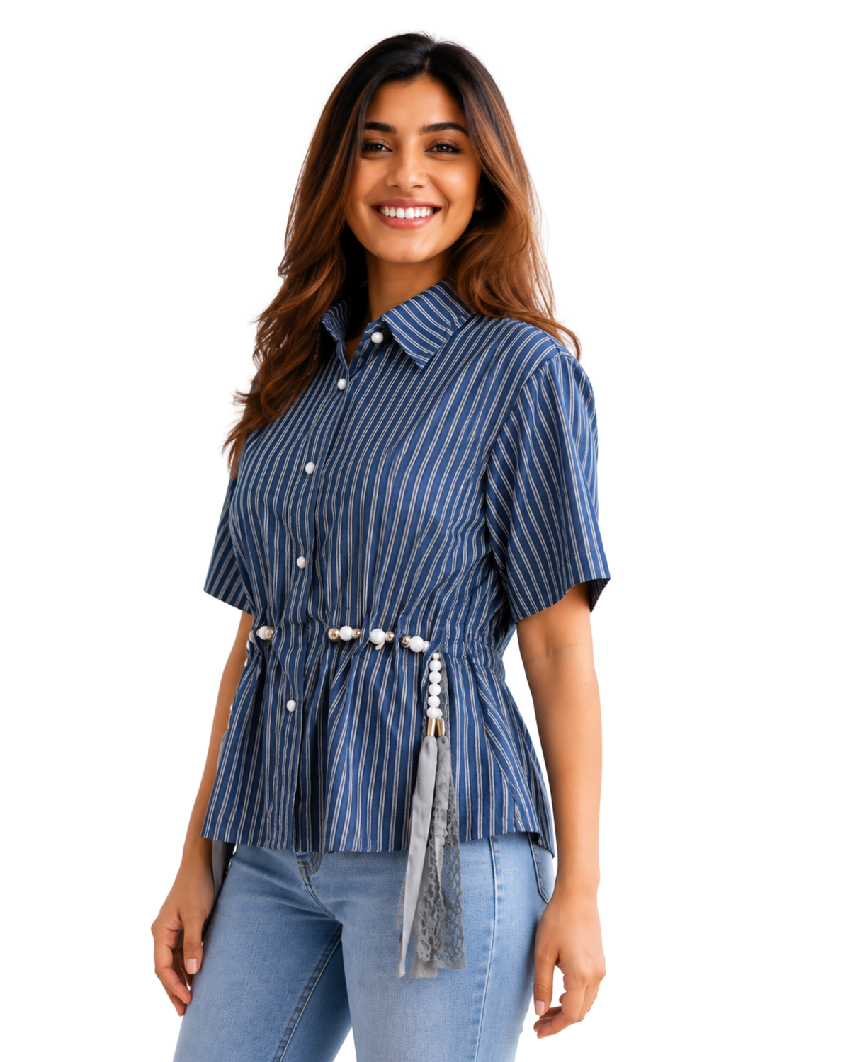 Pearl Belt Striped Peplum Shirt