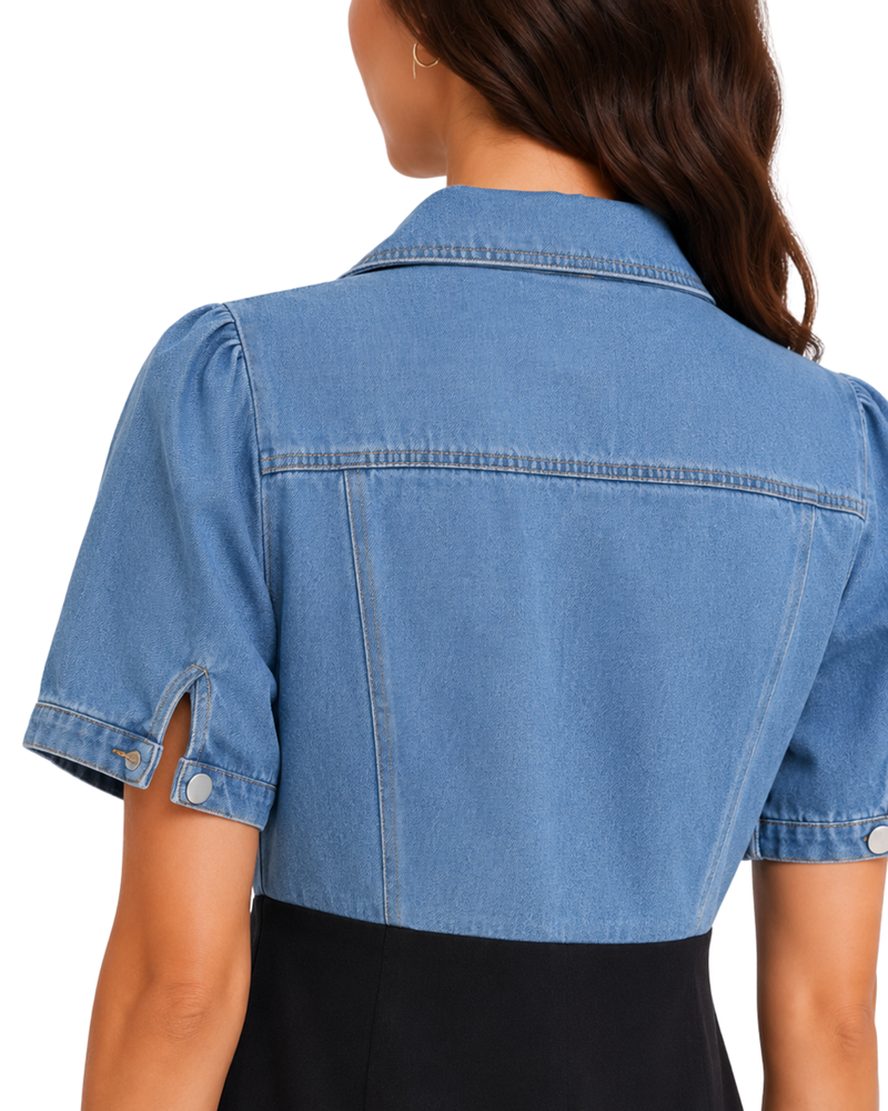 Denim Crop Jacket Layered Midi Dress