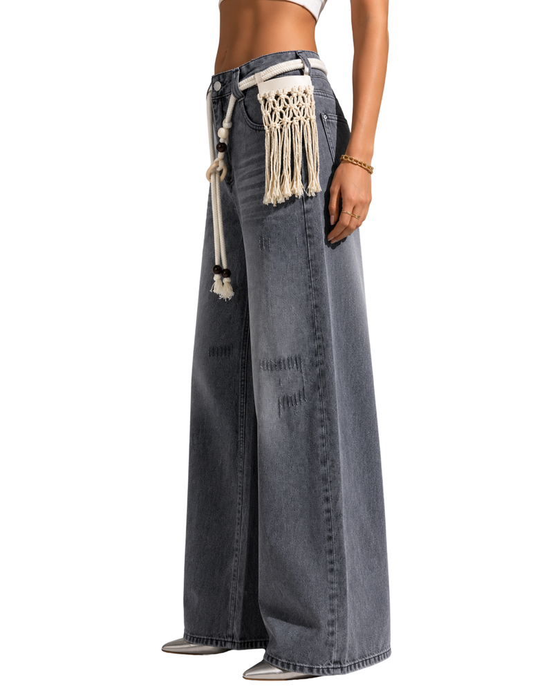Grey Rope Belt Wide-Leg Jeans