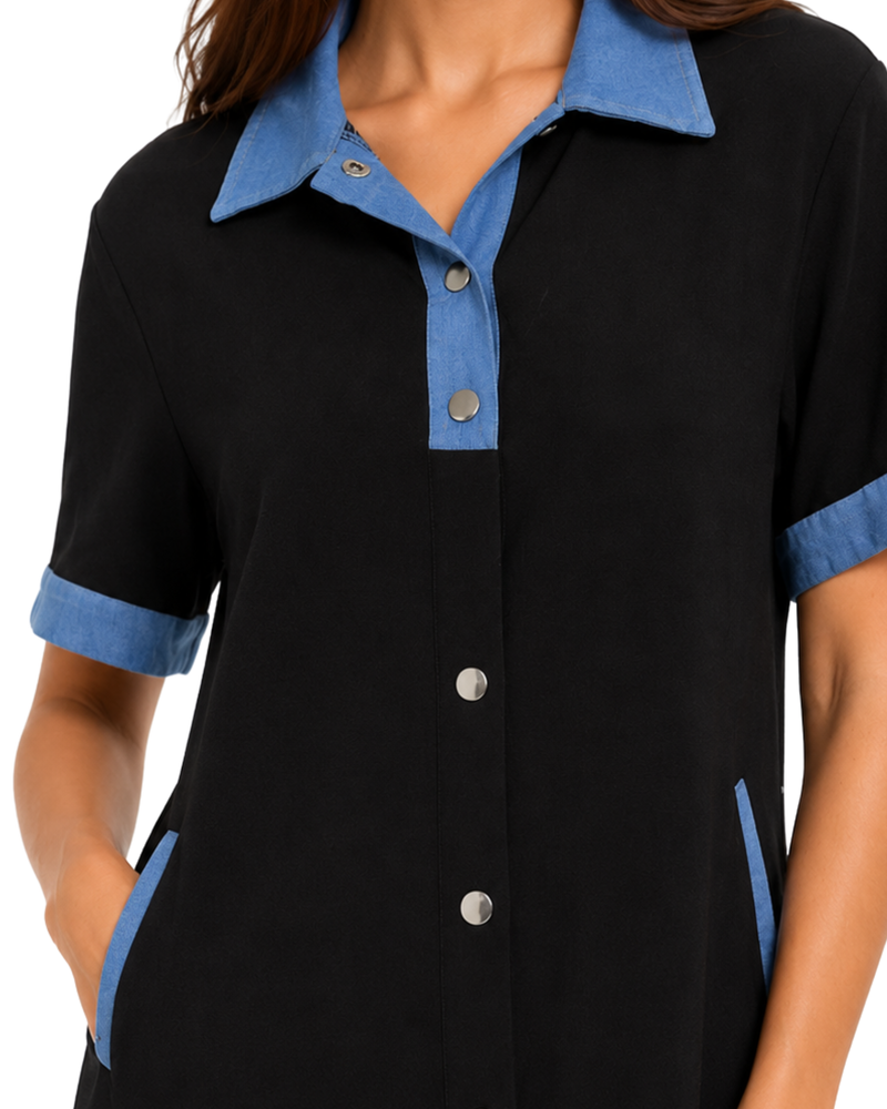 Denim Contrast Button-Down Shirt Dress