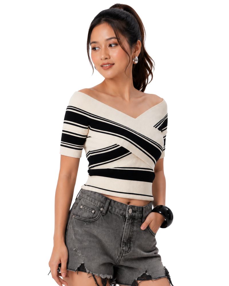 Monochrome Cross-Stripe Off-Shoulder Top