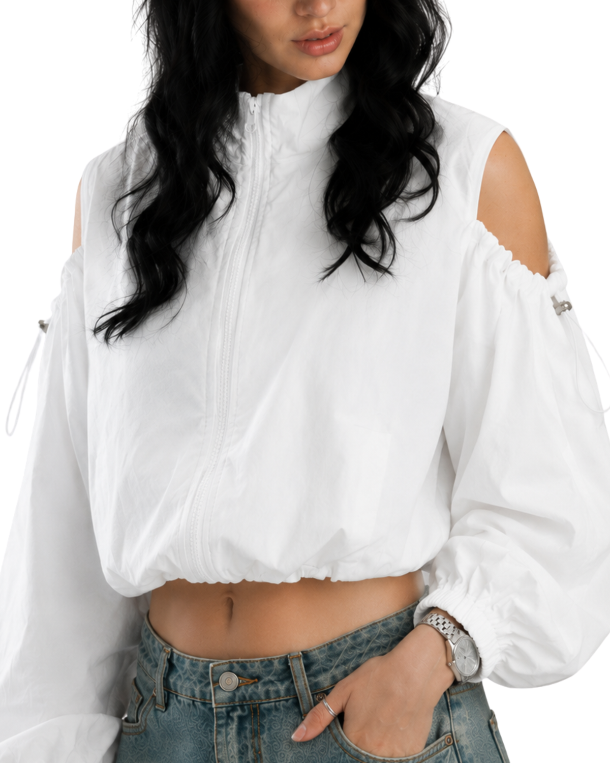 Cold Shoulder Zip Crop Jacket