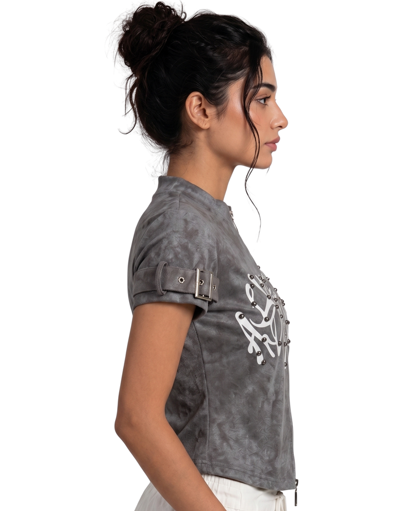 Party Wear Tops For Women-The Journey Studded Zip Crop Top-Flirty Feathers