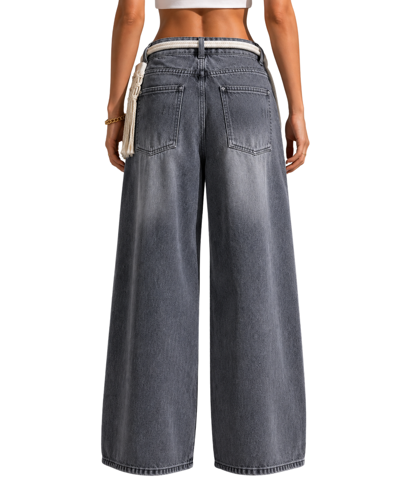 Grey Rope Belt Wide-Leg Jeans