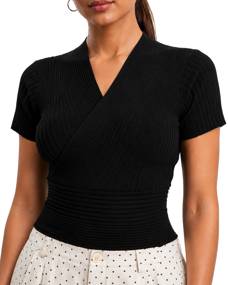 Midnight Elegance Ribbed Wrap Top