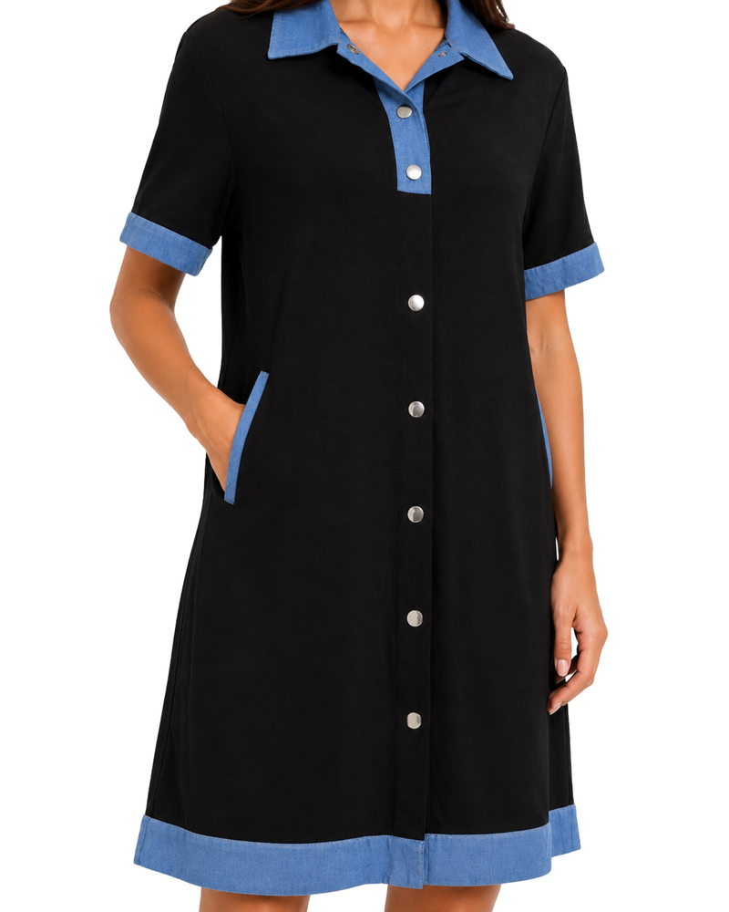 Denim Contrast Button-Down Shirt Dress