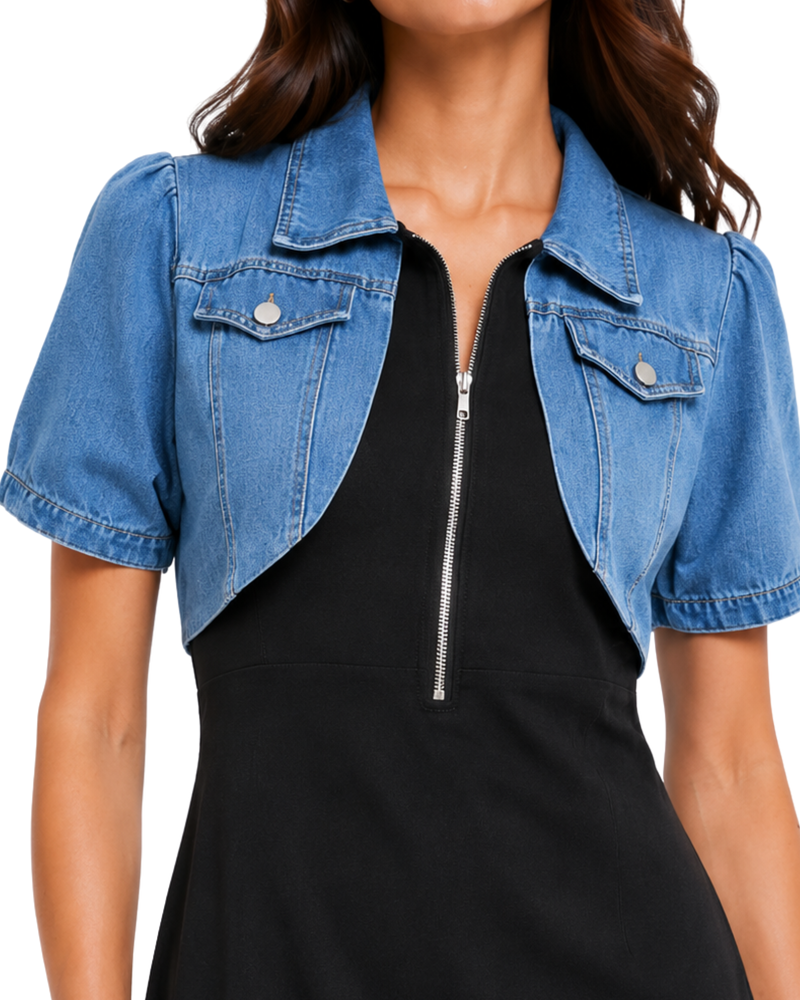 Denim Crop Jacket Layered Midi Dress