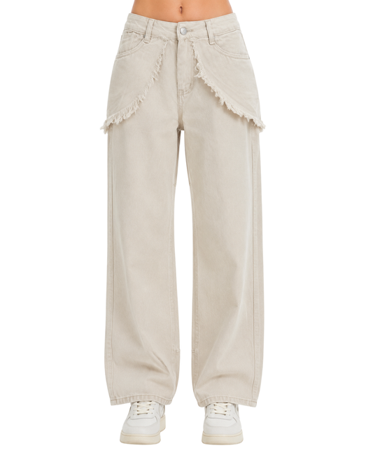 Frayed Overlay Wide-Leg Jeans