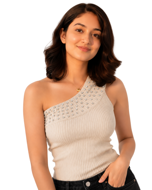 Pearl Embellished One Shoulder Knit Top