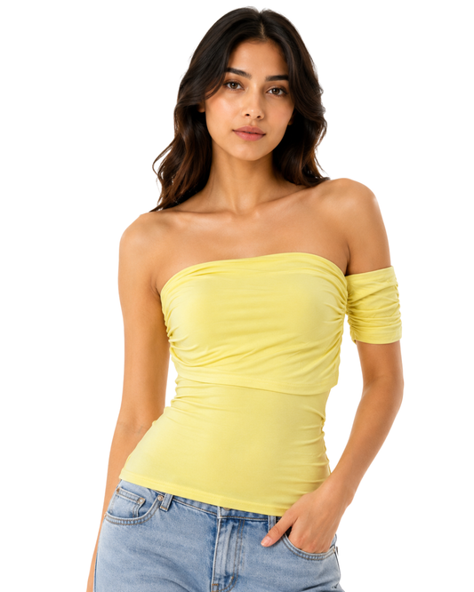 Party Wear Tops For Women-Sunshine Off-Shoulder Ruched Top-Flirty Feathers