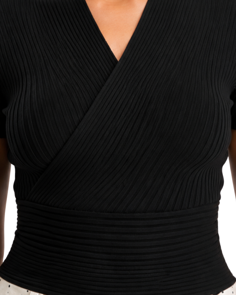 Midnight Elegance Ribbed Wrap Top