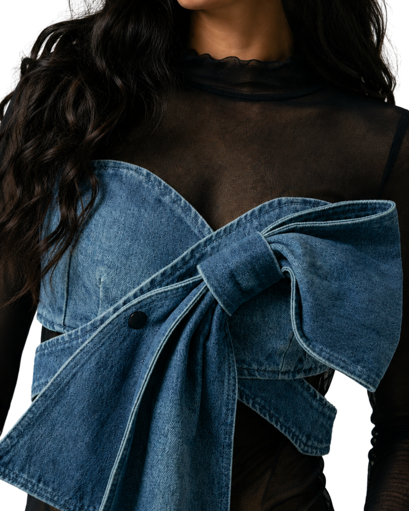 Party Wear Tops For Women-Denim Bow Sheer Mesh Top-Flirty Feathers