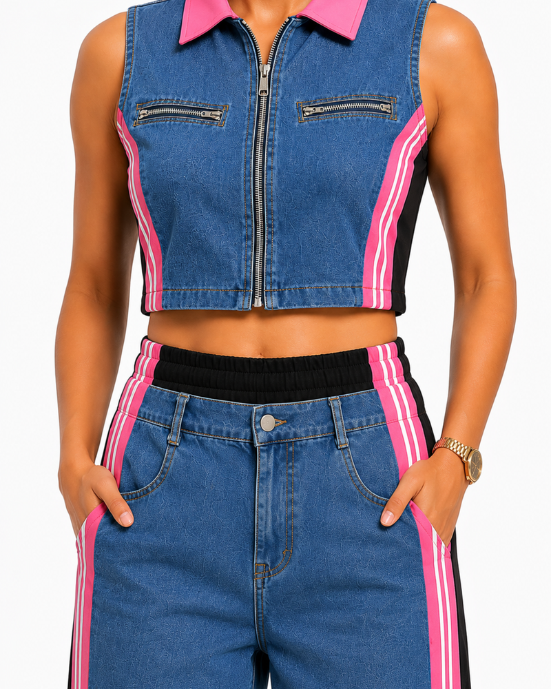 Stylish Cord Set for Women Party Wear-Pink Rush Denim Coord-Flirty Feathers