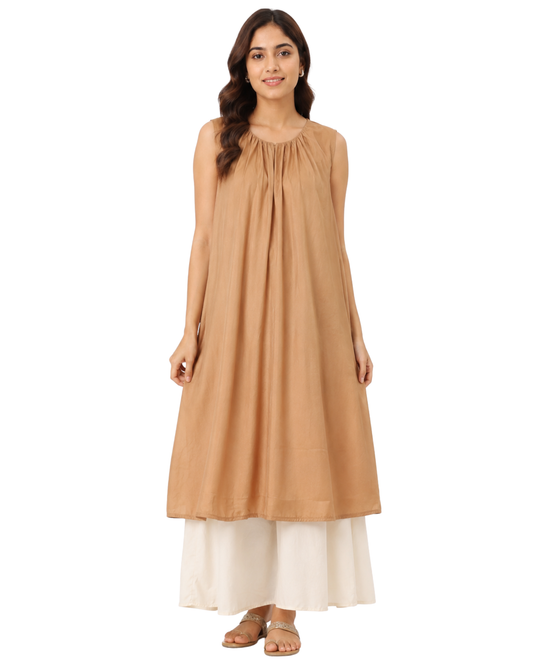 Gathered Neck Dual-Layer Fusion Dress