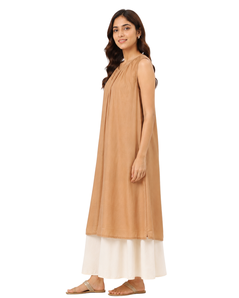 Gathered Neck Dual-Layer Fusion Dress