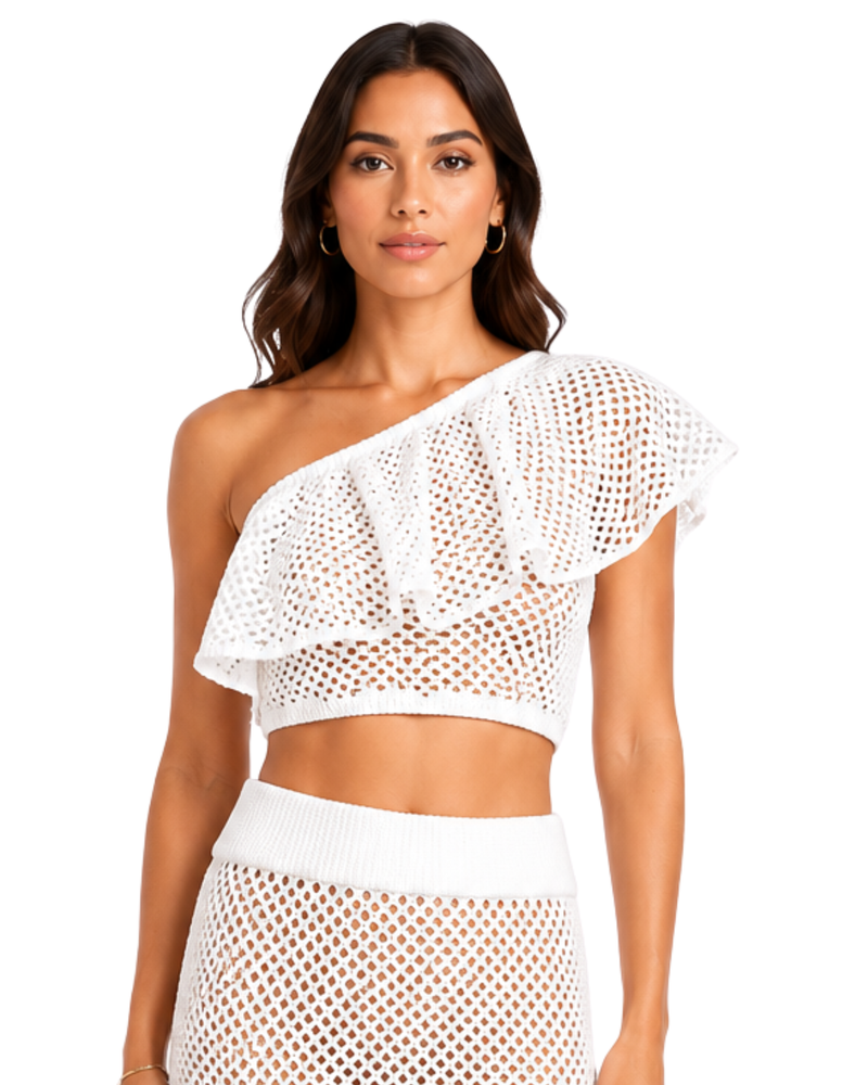 White One-Shoulder Crochet Co-Ord Set