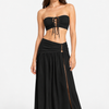 Women Black Bandeau Bikini Set with Lace-Up Detail & Maxi Sarong