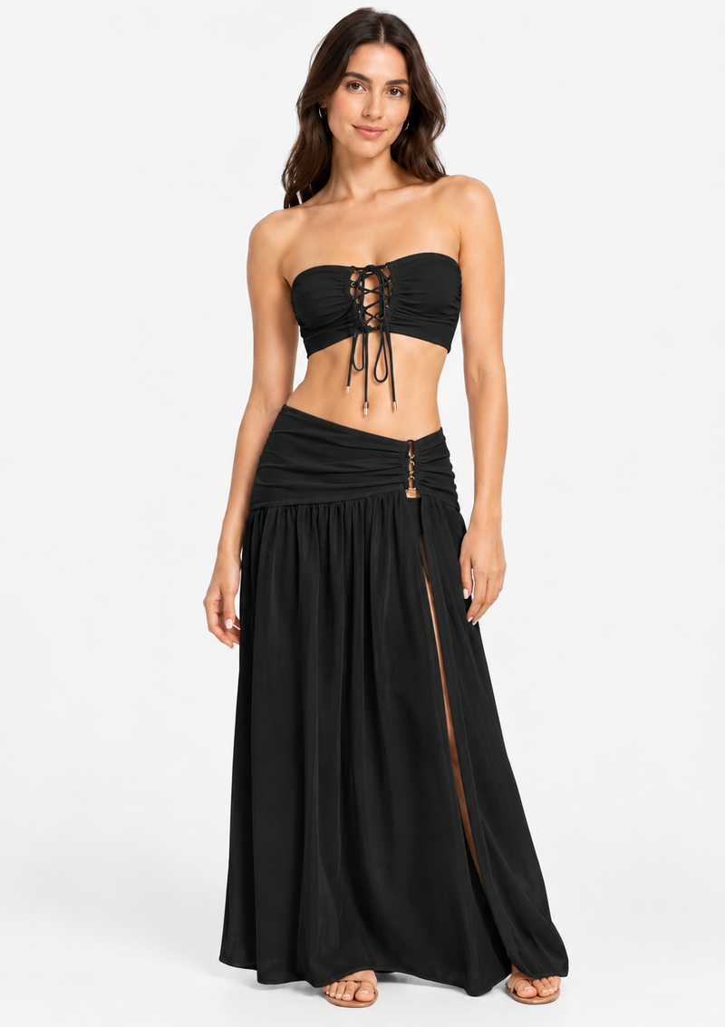 Women Black Bandeau Bikini Set with Lace-Up Detail & Maxi Sarong
