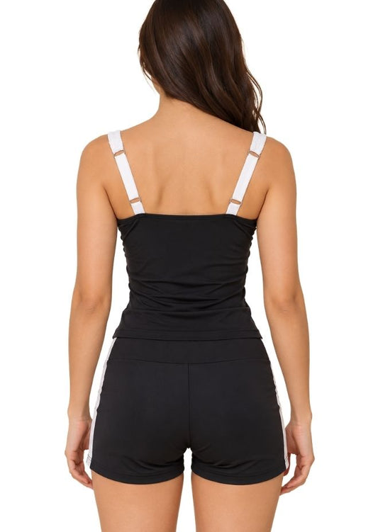 Black & White Colour blocked Ruched Tankini Set with Swim Shorts For Women