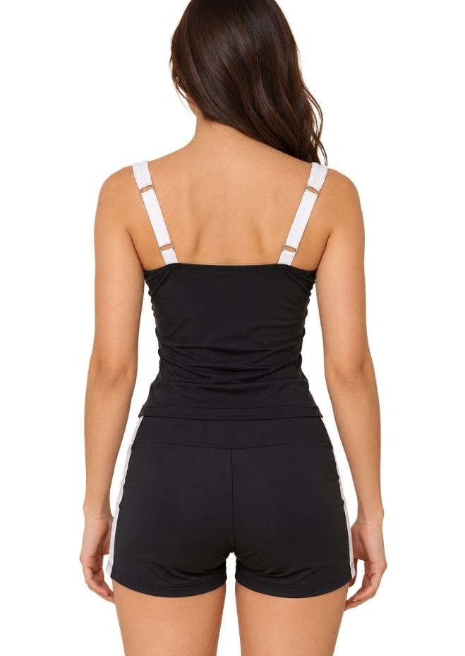 Black & White Colour blocked Ruched Tankini Set with Swim Shorts For Women