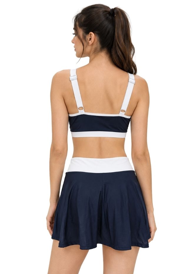Black & White Colour blocked Tankini with Skirted Bottom For Women