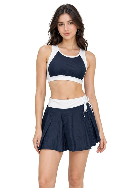 Black & White Colour blocked Tankini with Skirted Bottom For Women