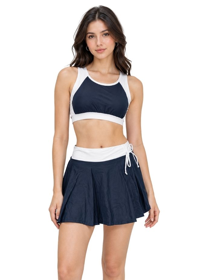 Black & White Colour blocked Tankini with Skirted Bottom For Women