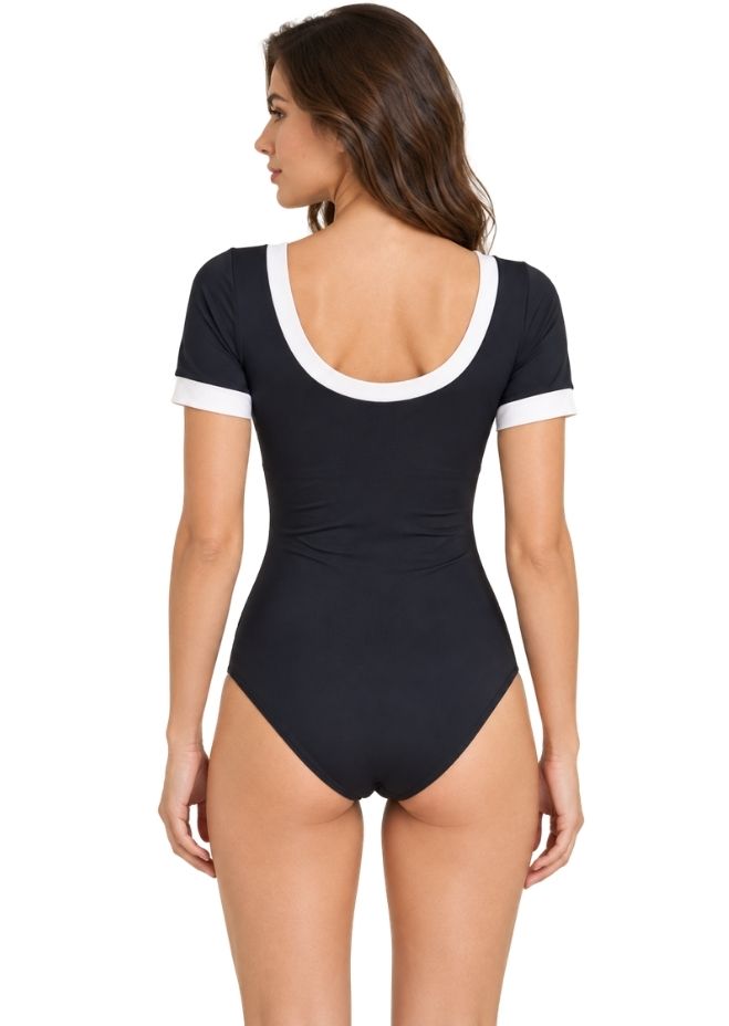 Black & White Contrast V-Neck Short Sleeve One-Piece Swimsuit For Women