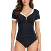 Black & White Contrast V-Neck Short Sleeve One-Piece Swimsuit For Women