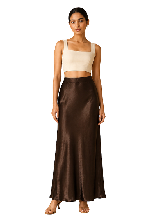 Dark chocolate Brown Long Skirt with a satin sheen