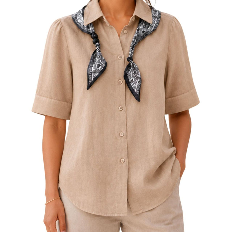 Women's Sand Beige Shirt | Elegant Long Sleeve Scarf Shirt
