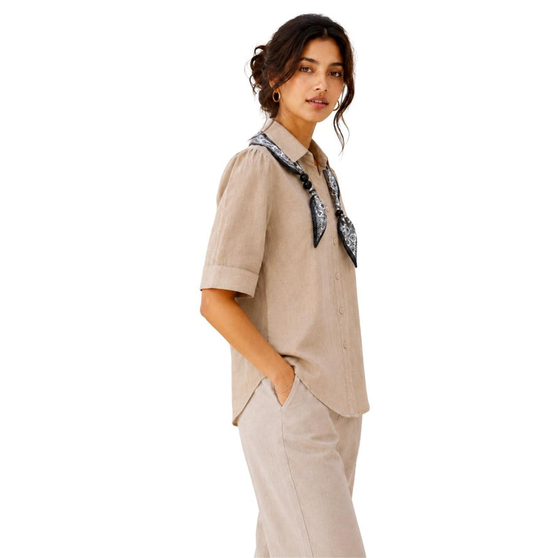 Women's Sand Beige Shirt | Elegant Long Sleeve Scarf Shirt
