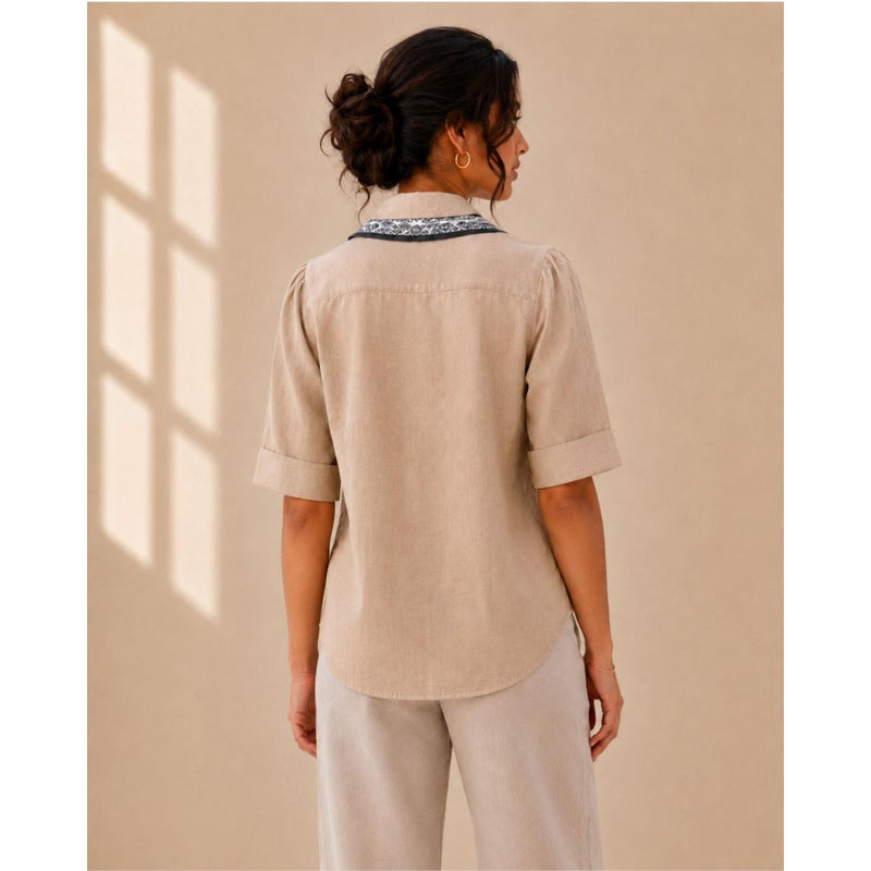Women's Sand Beige Shirt | Elegant Long Sleeve Scarf Shirt