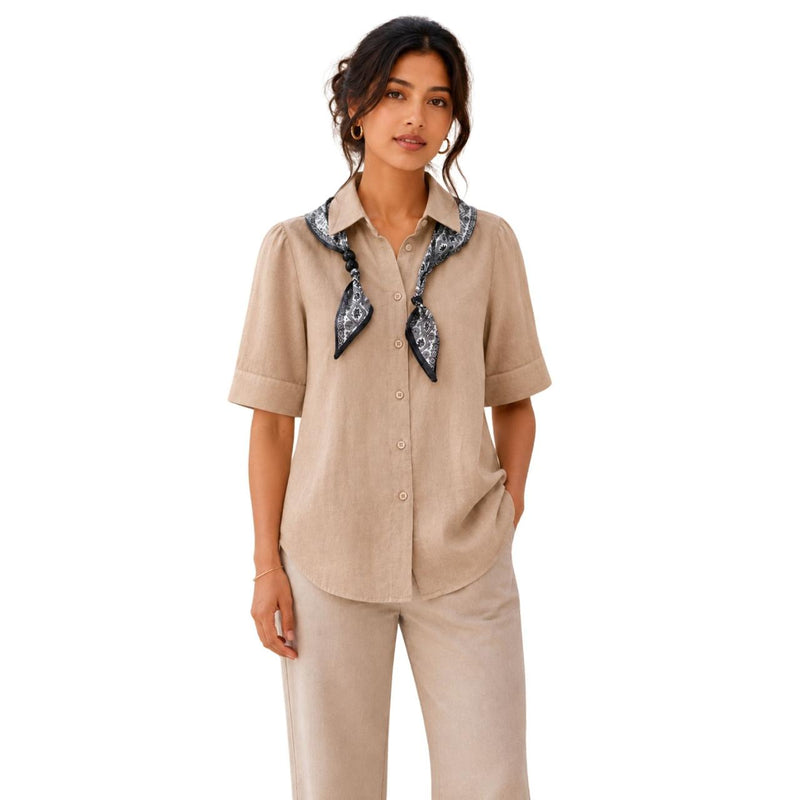 Women's Sand Beige Shirt | Elegant Long Sleeve Scarf Shirt